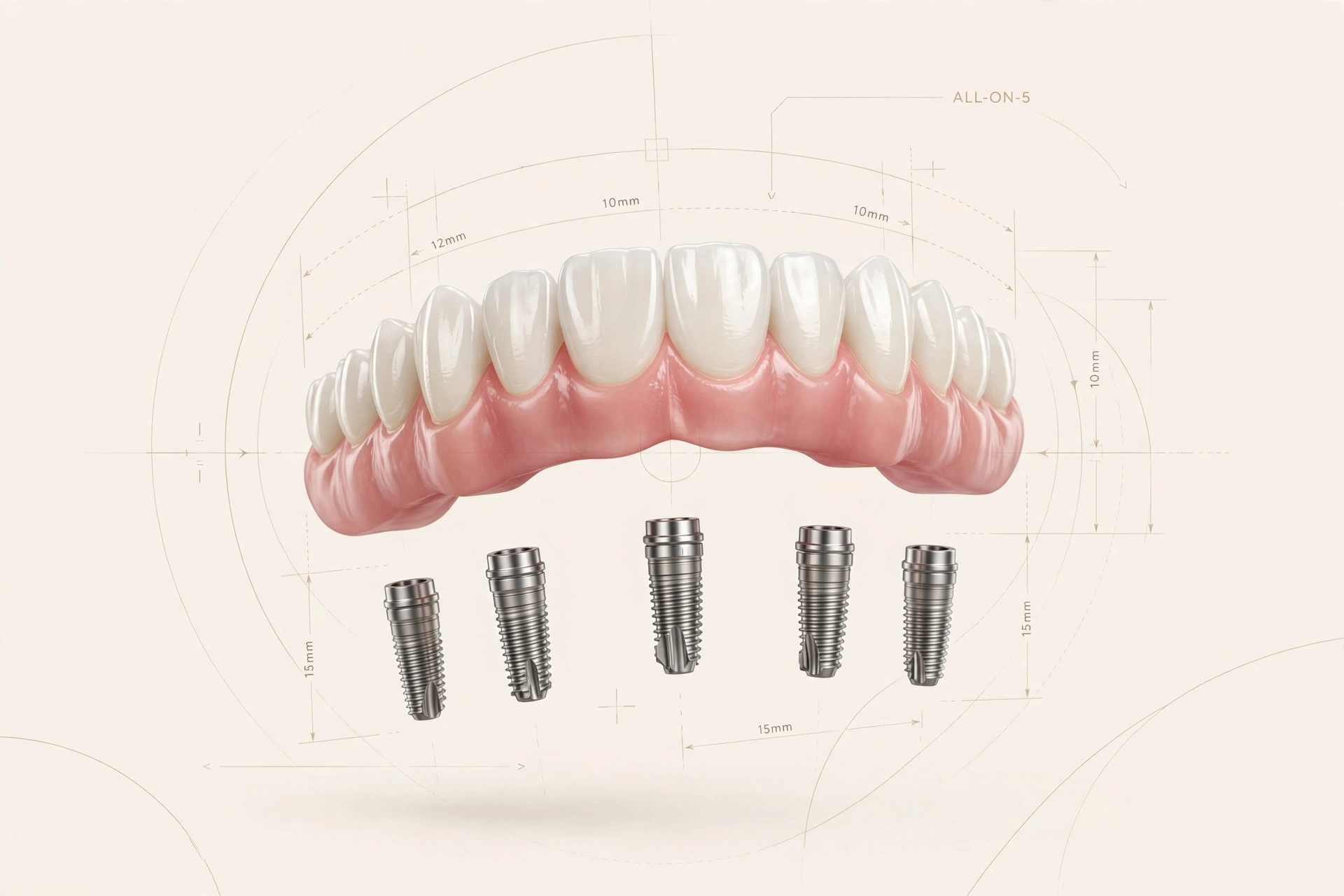 Illustrazione H-Dent di una protesi fissa All-on-5 sostenuta da cinque impianti