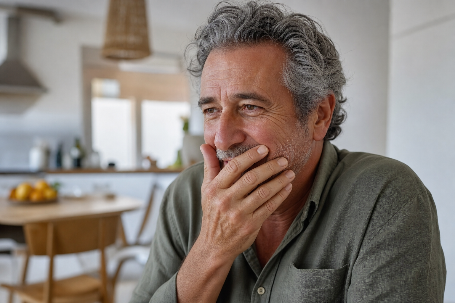 Uomo che nasconde il sorriso con la mano